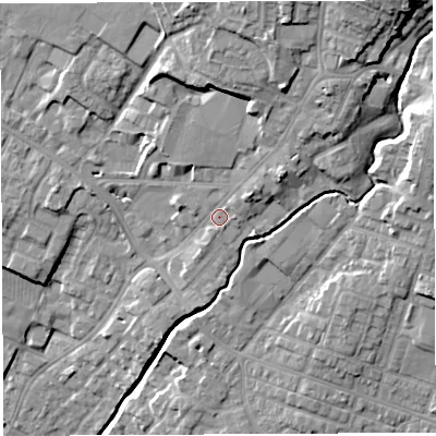 Shaded relief map of the ground around WN23AA, computed from Environment Agency LiDAR. The ground here sits at about 45 m above sea level and falls 22 m across the surrounding 800 m. Surface water reaching this point runs off ground lying to the north-east, 8.5 m higher.