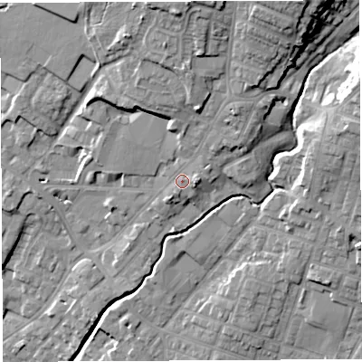 Shaded relief map of the ground around WN23AD, computed from Environment Agency LiDAR. The ground here sits at about 47 m above sea level and falls 25 m across the surrounding 800 m. Surface water reaching this point runs off ground lying to the north-east, 6.1 m higher.