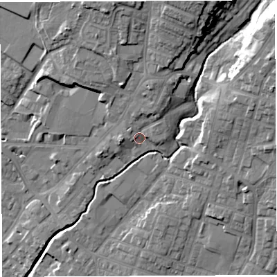 Shaded relief map of the ground around WN23AF, computed from Environment Agency LiDAR. The ground here sits at about 47 m above sea level and falls 27 m across the surrounding 800 m. Surface water reaching this point runs off ground lying to the north-north-east, 4.5 m higher.