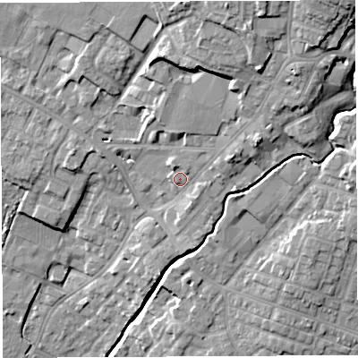 Shaded relief map of the ground around WN23AY, computed from Environment Agency LiDAR. The ground here sits at about 44 m above sea level and falls 22 m across the surrounding 800 m. Surface water reaching this point runs off ground lying to the north-east, 2.8 m higher.