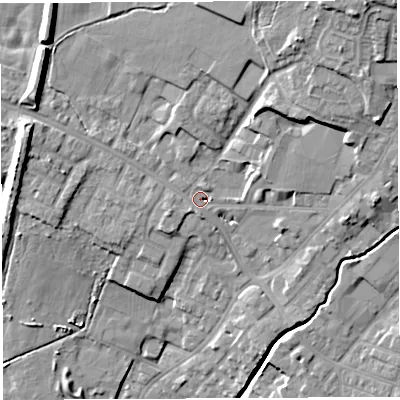 Shaded relief map of the ground around WN23BE, computed from Environment Agency LiDAR. The ground here sits at about 42 m above sea level and falls 23 m across the surrounding 800 m. Surface water reaching this point runs off ground lying to the north-east, 17.6 m higher.