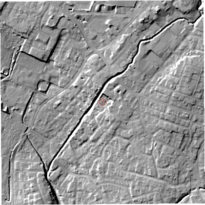 Shaded relief map of the ground around WN23DX, computed from Environment Agency LiDAR. The ground here sits at about 40 m above sea level and falls 18 m across the surrounding 800 m. Surface water reaching this point runs off ground lying to the north-east, 3.8 m higher.