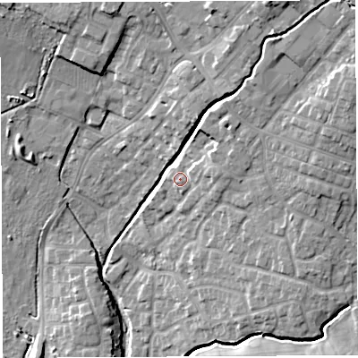 Shaded relief map of the ground around WN23DY, computed from Environment Agency LiDAR. The ground here sits at about 39 m above sea level and falls 17 m across the surrounding 800 m. Surface water reaching this point runs off ground lying to the east, 3.4 m higher.