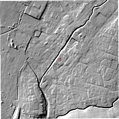 Shaded relief map of the ground around WN23DZ, computed from Environment Agency LiDAR. The ground here sits at about 38 m above sea level and falls 15 m across the surrounding 800 m. Surface water reaching this point runs off ground lying to the north-east, 11.0 m higher.
