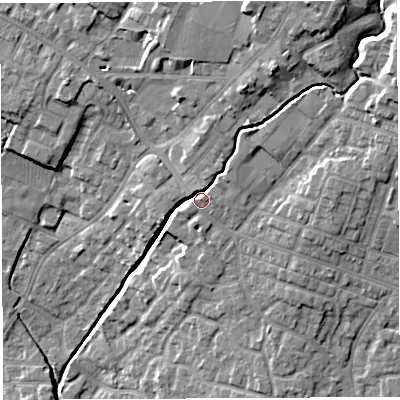 Shaded relief map of the ground around WN23EA, computed from Environment Agency LiDAR. The ground here sits at about 43 m above sea level and falls 19 m across the surrounding 800 m. Surface water reaching this point runs off ground lying to the north-east, 11.3 m higher.