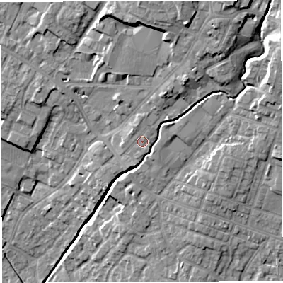 Shaded relief map of the ground around WN23EB, computed from Environment Agency LiDAR. The ground here sits at about 43 m above sea level and falls 21 m across the surrounding 800 m. Surface water reaching this point runs off ground lying to the north-east, 1.1 m higher.