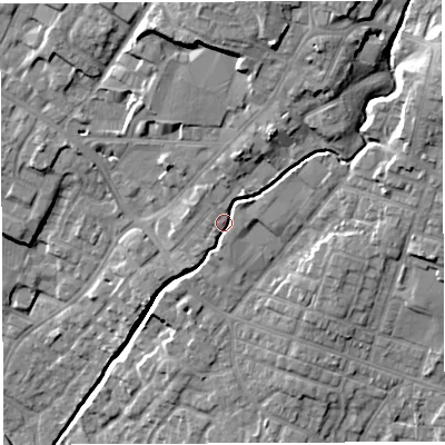 Shaded relief map of the ground around WN23ED, computed from Environment Agency LiDAR. The ground here sits at about 44 m above sea level and falls 21 m across the surrounding 800 m. Surface water reaching this point runs off ground lying to the north-east, 10.6 m higher.
