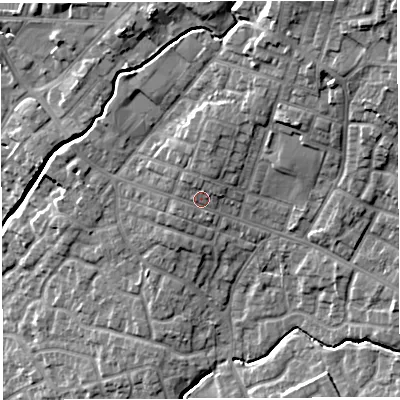 Shaded relief map of the ground around WN23EE, computed from Environment Agency LiDAR. The ground here sits at about 43 m above sea level and falls 19 m across the surrounding 800 m. Surface water reaching this point runs off ground lying to the north-west, 1.8 m higher.