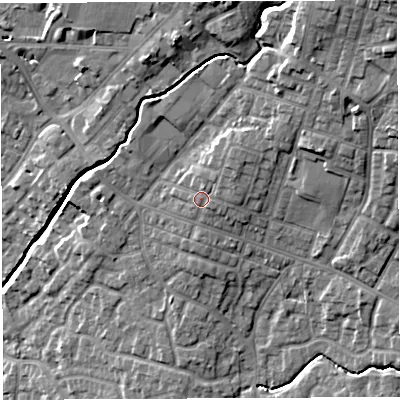 Shaded relief map of the ground around WN23EG, computed from Environment Agency LiDAR. The ground here sits at about 44 m above sea level and falls 21 m across the surrounding 800 m. Surface water reaching this point runs off ground lying to the north-east, 2.2 m higher.