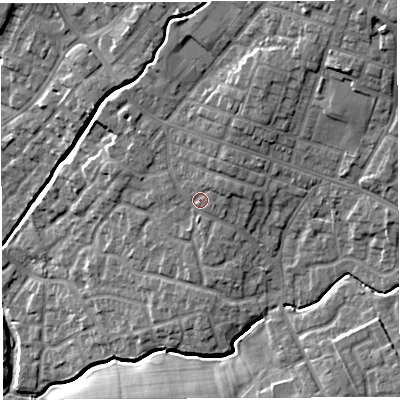 Shaded relief map of the ground around WN23EJ, computed from Environment Agency LiDAR. The ground here sits at about 42 m above sea level and falls 19 m across the surrounding 800 m. Surface water reaching this point runs off ground lying to the east-north-east, 1.8 m higher.