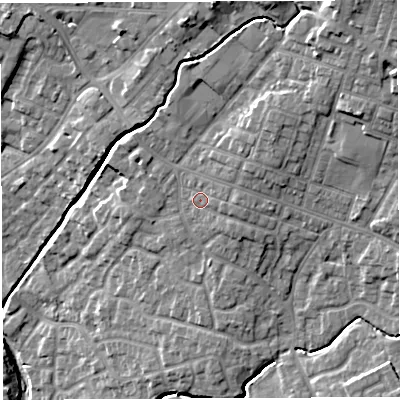 Shaded relief map of the ground around WN23EL, computed from Environment Agency LiDAR. The ground here sits at about 42 m above sea level and falls 20 m across the surrounding 800 m. Surface water reaching this point runs off ground lying to the east, 1.8 m higher.