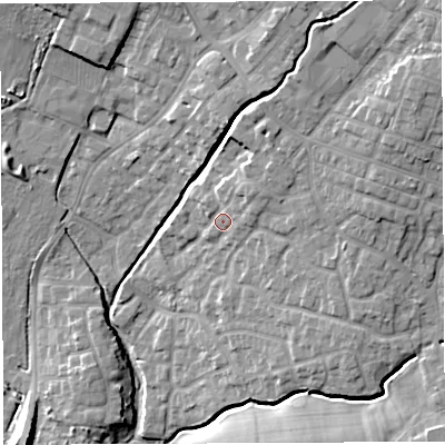 Shaded relief map of the ground around WN23ER, computed from Environment Agency LiDAR. The ground here sits at about 39 m above sea level and falls 16 m across the surrounding 800 m. Surface water reaching this point runs off ground lying to the north-east, 3.5 m higher.