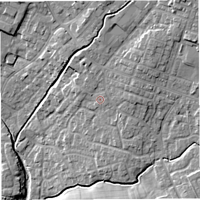 Shaded relief map of the ground around WN23ES, computed from Environment Agency LiDAR. The ground here sits at about 41 m above sea level and falls 19 m across the surrounding 800 m. Surface water reaching this point runs off ground lying to the east-south-east, 0.9 m higher.