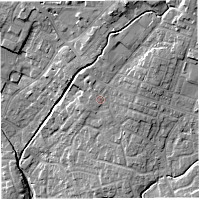 Shaded relief map of the ground around WN23ET, computed from Environment Agency LiDAR. The ground here sits at about 42 m above sea level and falls 20 m across the surrounding 800 m. Surface water reaching this point runs off ground lying to the north-north-west, 0.6 m higher.