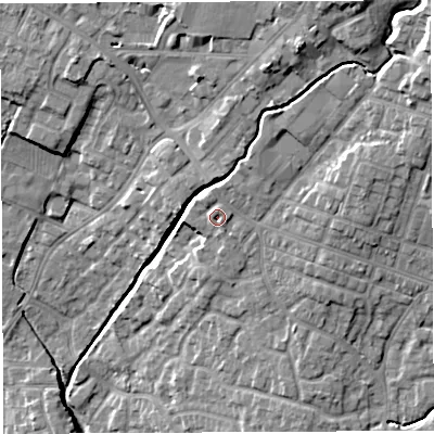 Shaded relief map of the ground around WN23EU, computed from Environment Agency LiDAR. The ground here sits at about 42 m above sea level and falls 20 m across the surrounding 800 m. Surface water reaching this point runs off ground lying to the north, 1.3 m higher.