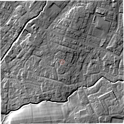 Shaded relief map of the ground around WN23EW, computed from Environment Agency LiDAR. The ground here sits at about 42 m above sea level and falls 19 m across the surrounding 800 m. Surface water reaching this point runs off ground lying to the west-south-west, 1.0 m higher.