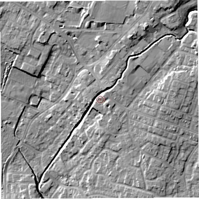 Shaded relief map of the ground around WN23EZ, computed from Environment Agency LiDAR. The ground here sits at about 42 m above sea level and falls 19 m across the surrounding 800 m. Surface water reaching this point runs off ground lying to the north-east, 12.5 m higher.