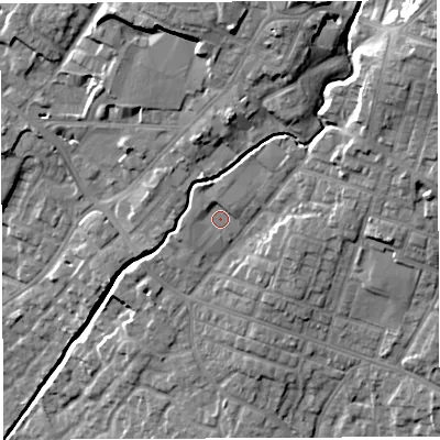 Shaded relief map of the ground around WN23FW, computed from Environment Agency LiDAR. The ground here sits at about 43 m above sea level and falls 24 m across the surrounding 800 m. Surface water reaching this point runs off ground lying to the north-north-east, 1.5 m higher.