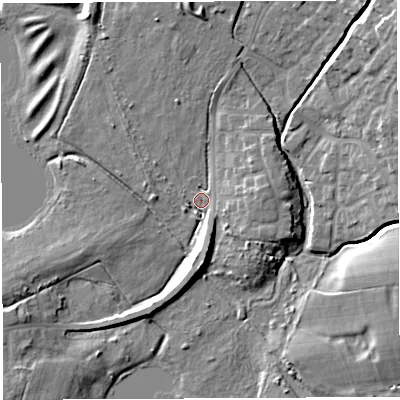 Shaded relief map of the ground around WN23FX, computed from Environment Agency LiDAR. The ground here sits at about 33 m above sea level and falls 12 m across the surrounding 800 m. Surface water reaching this point runs off ground lying to the north, 5.9 m higher.