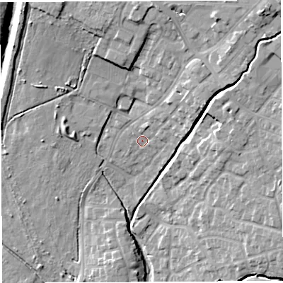 Shaded relief map of the ground around WN23HJ, computed from Environment Agency LiDAR. The ground here sits at about 36 m above sea level and falls 17 m across the surrounding 800 m. Surface water reaching this point runs off ground lying to the east-north-east, 7.0 m higher.