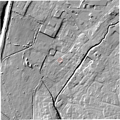 Shaded relief map of the ground around WN23HQ, computed from Environment Agency LiDAR. The ground here sits at about 37 m above sea level and falls 18 m across the surrounding 800 m. Surface water reaching this point runs off ground lying to the east-north-east, 4.6 m higher.