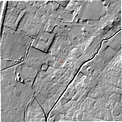 Shaded relief map of the ground around WN23HU, computed from Environment Agency LiDAR. The ground here sits at about 39 m above sea level and falls 18 m across the surrounding 800 m. Surface water reaching this point runs off ground lying to the north-east, 11.9 m higher.