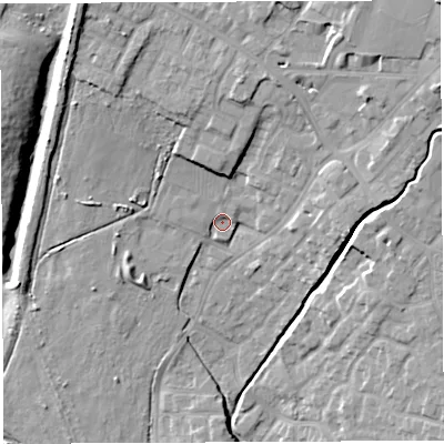 Shaded relief map of the ground around WN23HY, computed from Environment Agency LiDAR. The ground here sits at about 37 m above sea level and falls 18 m across the surrounding 800 m. Surface water reaching this point runs off ground lying to the north, 6.8 m higher.