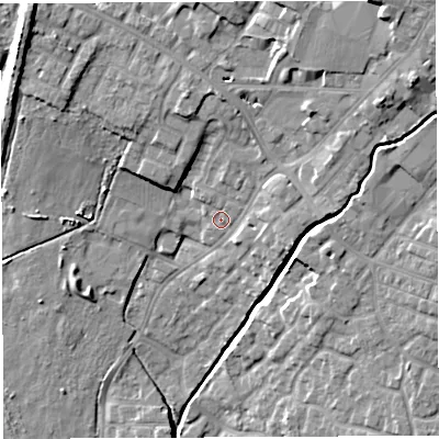Shaded relief map of the ground around WN23JA, computed from Environment Agency LiDAR. The ground here sits at about 39 m above sea level and falls 18 m across the surrounding 800 m. Surface water reaching this point runs off ground lying to the north-east, 11.6 m higher.