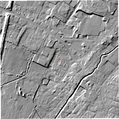 Shaded relief map of the ground around WN23JB, computed from Environment Agency LiDAR. The ground here sits at about 41 m above sea level and falls 20 m across the surrounding 800 m. Surface water reaching this point runs off ground lying to the north-north-west, 4.3 m higher.
