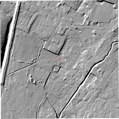 Shaded relief map of the ground around WN23JD, computed from Environment Agency LiDAR. The ground here sits at about 38 m above sea level and falls 19 m across the surrounding 800 m. Surface water reaching this point runs off ground lying to the north, 6.6 m higher.
