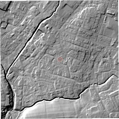 Shaded relief map of the ground around WN23JH, computed from Environment Agency LiDAR. The ground here sits at about 41 m above sea level and falls 18 m across the surrounding 800 m. Surface water reaching this point runs off ground lying to the east-north-east, 2.5 m higher.