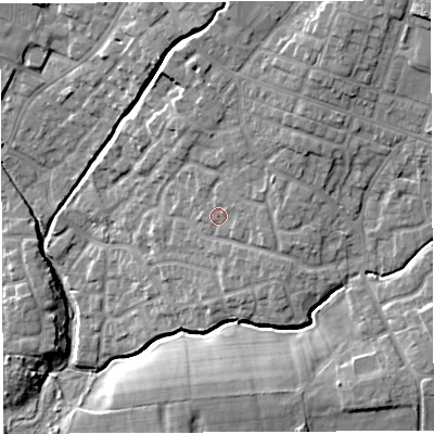 Shaded relief map of the ground around WN23JN, computed from Environment Agency LiDAR. The ground here sits at about 40 m above sea level and falls 17 m across the surrounding 800 m. Surface water reaching this point runs off ground lying to the east, 1.4 m higher.