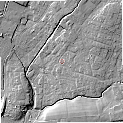 Shaded relief map of the ground around WN23JP, computed from Environment Agency LiDAR. The ground here sits at about 39 m above sea level and falls 16 m across the surrounding 800 m. Surface water reaching this point runs off ground lying to the north-east, 8.2 m higher.