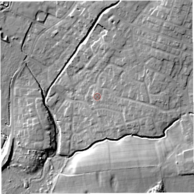 Shaded relief map of the ground around WN23JR, computed from Environment Agency LiDAR. The ground here sits at about 38 m above sea level and falls 15 m across the surrounding 800 m. Surface water reaching this point runs off ground lying to the east, 1.7 m higher.