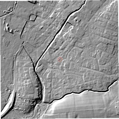 Shaded relief map of the ground around WN23JS, computed from Environment Agency LiDAR. The ground here sits at about 37 m above sea level and falls 16 m across the surrounding 800 m. Surface water reaching this point runs off ground lying to the north-east, 9.2 m higher.