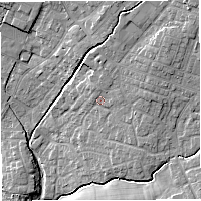 Shaded relief map of the ground around WN23JT, computed from Environment Agency LiDAR. The ground here sits at about 41 m above sea level and falls 18 m across the surrounding 800 m. Surface water reaching this point runs off ground lying to the north-east, 8.7 m higher.