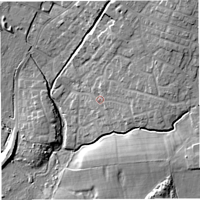 Shaded relief map of the ground around WN23JU, computed from Environment Agency LiDAR. The ground here sits at about 37 m above sea level and falls 16 m across the surrounding 800 m. Surface water reaching this point runs off ground lying to the east, 5.2 m higher.