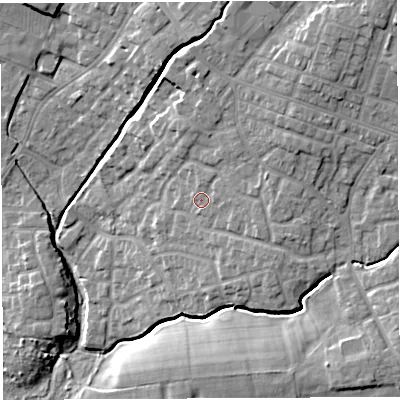 Shaded relief map of the ground around WN23JW, computed from Environment Agency LiDAR. The ground here sits at about 40 m above sea level and falls 16 m across the surrounding 800 m. Surface water reaching this point runs off ground lying to the east-north-east, 3.7 m higher.