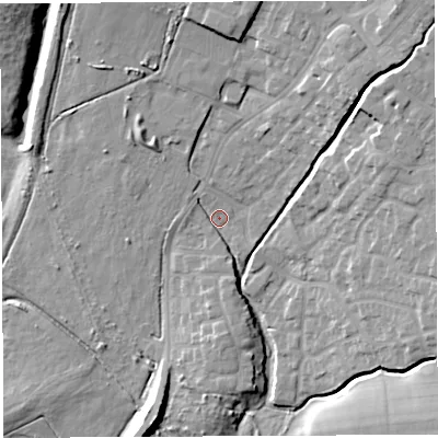 Shaded relief map of the ground around WN23JX, computed from Environment Agency LiDAR. The ground here sits at about 34 m above sea level and falls 15 m across the surrounding 800 m. Surface water reaching this point runs off ground lying to the north-east, 9.3 m higher.