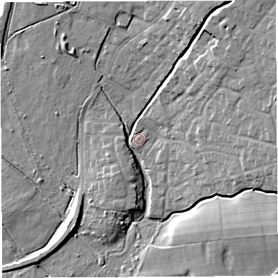 Shaded relief map of the ground around WN23JY, computed from Environment Agency LiDAR. The ground here sits at about 34 m above sea level and falls 14 m across the surrounding 800 m. Surface water reaching this point runs off ground lying to the west-south-west, 1.7 m higher.