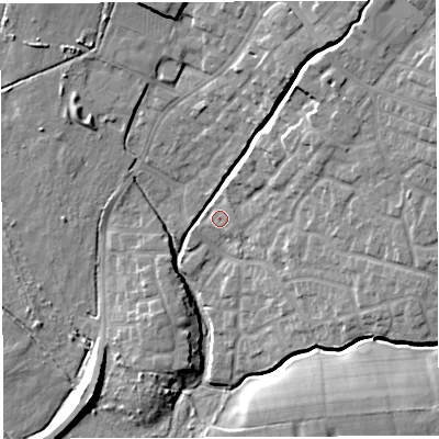 Shaded relief map of the ground around WN23JZ, computed from Environment Agency LiDAR. The ground here sits at about 35 m above sea level and falls 15 m across the surrounding 800 m. Surface water reaching this point runs off ground lying to the north-east, 7.3 m higher.