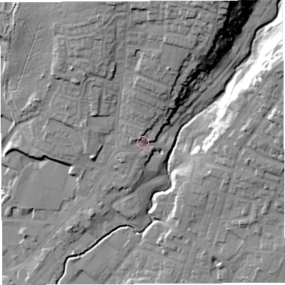 Shaded relief map of the ground around WN23LE, computed from Environment Agency LiDAR. The ground here sits at about 52 m above sea level and falls 31 m across the surrounding 800 m. Surface water reaching this point runs off ground lying to the north, 7.2 m higher.