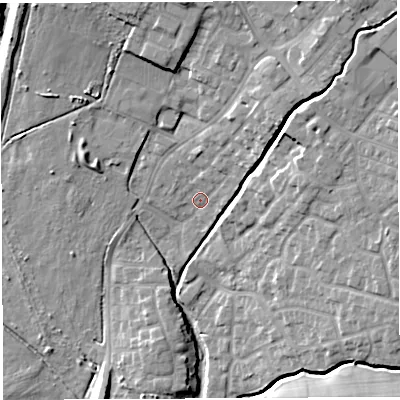 Shaded relief map of the ground around WN23LH, computed from Environment Agency LiDAR. The ground here sits at about 36 m above sea level and falls 15 m across the surrounding 800 m. Surface water reaching this point runs off ground lying to the north-east, 7.9 m higher.