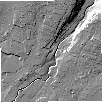 Shaded relief map of the ground around WN23LQ, computed from Environment Agency LiDAR. The ground here sits at about 50 m above sea level and falls 29 m across the surrounding 800 m. Surface water reaching this point runs off ground lying to the north-north-west, 8.1 m higher.