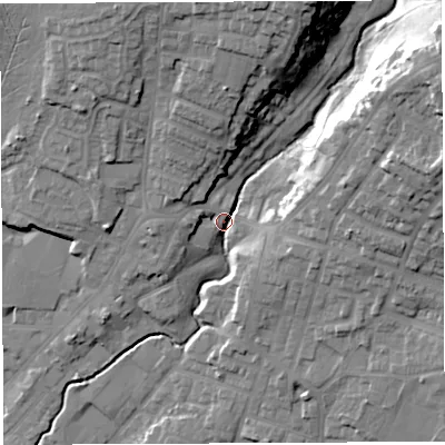 Shaded relief map of the ground around WN23LS, computed from Environment Agency LiDAR. The ground here sits at about 49 m above sea level and falls 31 m across the surrounding 800 m. Surface water reaching this point runs off ground lying to the north-east, 25.9 m higher.