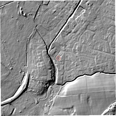 Shaded relief map of the ground around WN23NE, computed from Environment Agency LiDAR. The ground here sits at about 34 m above sea level and falls 15 m across the surrounding 800 m. Surface water reaching this point runs off ground lying to the north-east, 10.0 m higher.