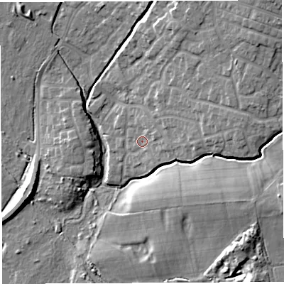 Shaded relief map of the ground around WN23NF, computed from Environment Agency LiDAR. The ground here sits at about 35 m above sea level and falls 17 m across the surrounding 800 m. Surface water reaching this point runs off ground lying to the east-north-east, 7.5 m higher.