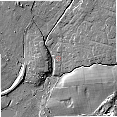Shaded relief map of the ground around WN23NG, computed from Environment Agency LiDAR. The ground here sits at about 34 m above sea level and falls 18 m across the surrounding 800 m. Surface water reaching this point runs off ground lying to the east-north-east, 3.2 m higher.