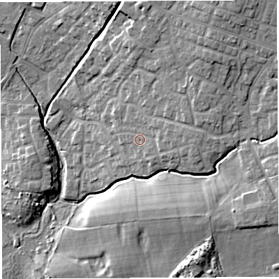 Shaded relief map of the ground around WN23NP, computed from Environment Agency LiDAR. The ground here sits at about 39 m above sea level and falls 15 m across the surrounding 800 m. Surface water reaching this point runs off ground lying to the east, 3.1 m higher.