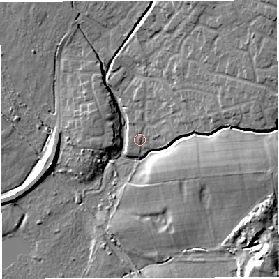 Shaded relief map of the ground around WN23NQ, computed from Environment Agency LiDAR. The ground here sits at about 34 m above sea level and falls 20 m across the surrounding 800 m. Surface water reaching this point runs off ground lying to the east-north-east, 9.2 m higher.